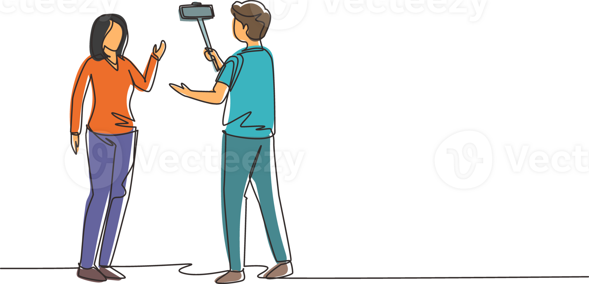 Single continuous line drawing girl makes video blog with cameraman on the street. Young woman blogger, journalist filming with smartphone and videographer. One line draw design illustration png