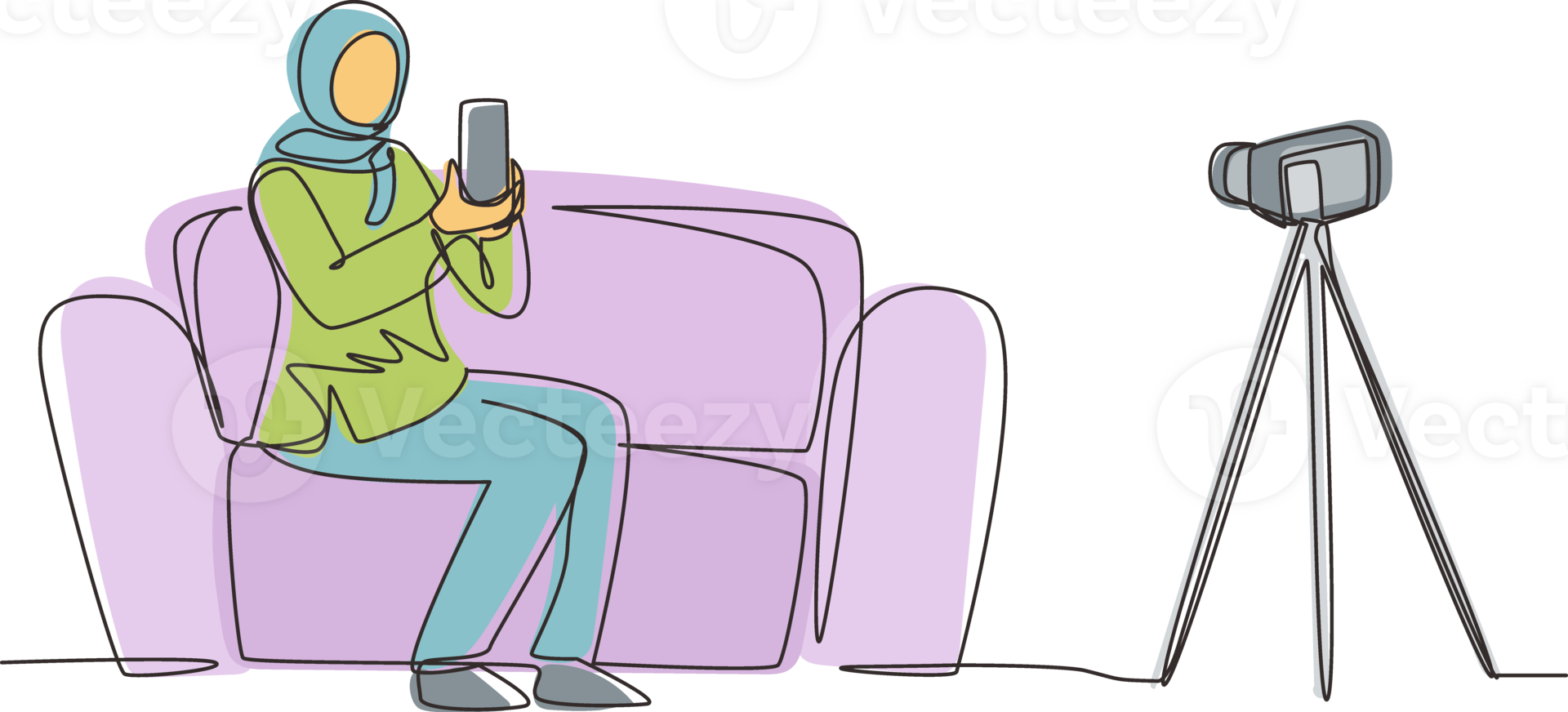 Continuous one line drawing Arab female influencer filming video review smartphone on dslr camera at home. Blogger advertising tech product, streaming live. Single line draw design illustration png