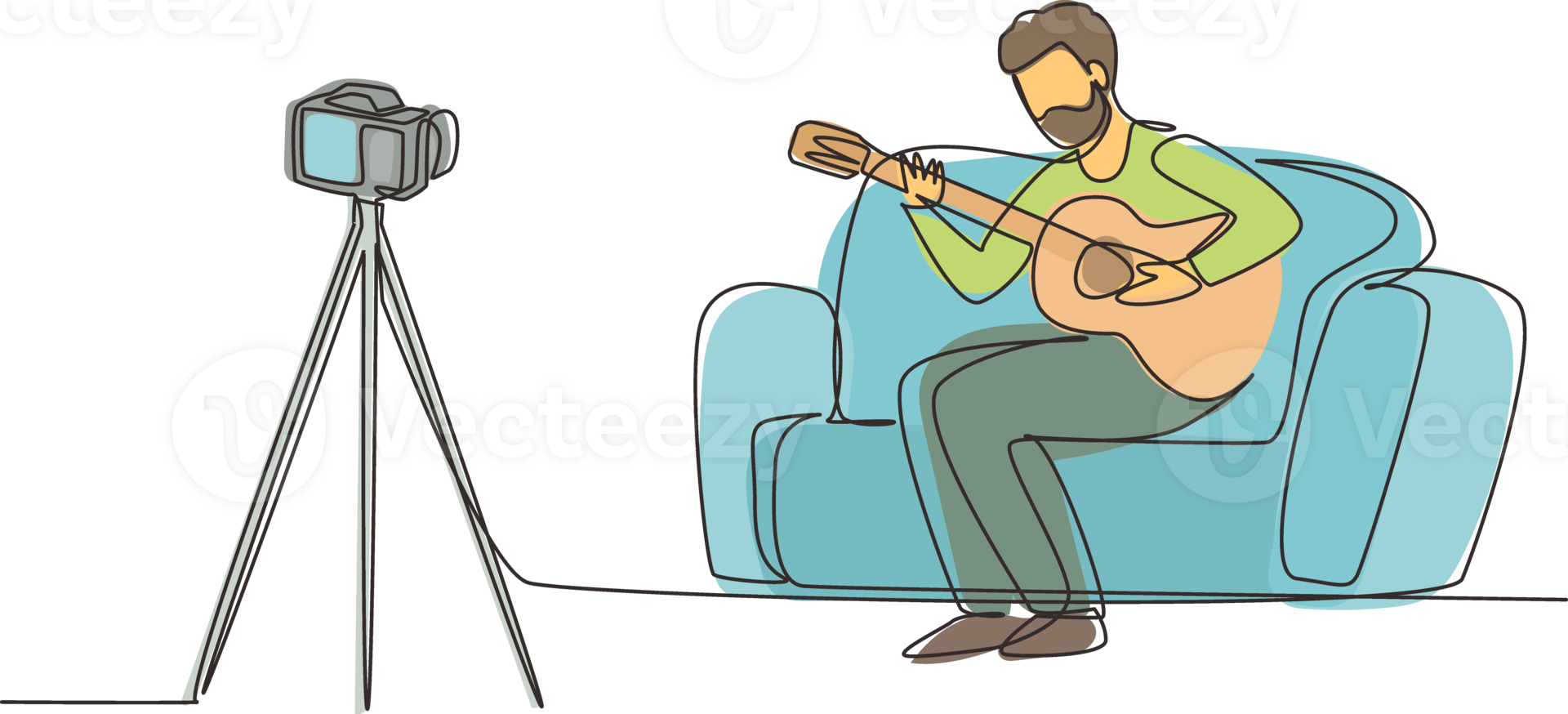 Single one line drawing Arabic man recording video of his playing guitar by camera on tripod. Male vlogger influencer performing music for show to streaming digital. Continuous line draw design png