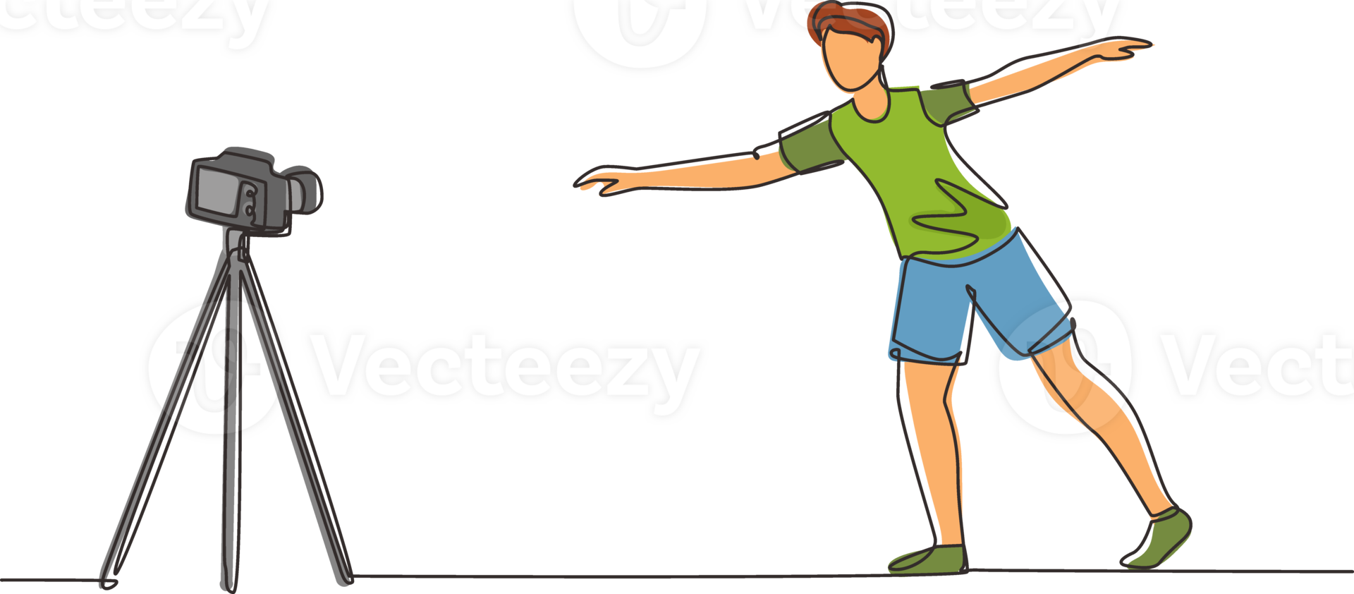 Single one line drawing young man doing exercise on mat with camera. Shooting video for blog on video camera. Online training. Sport at home. Continuous line draw design graphic illustration png