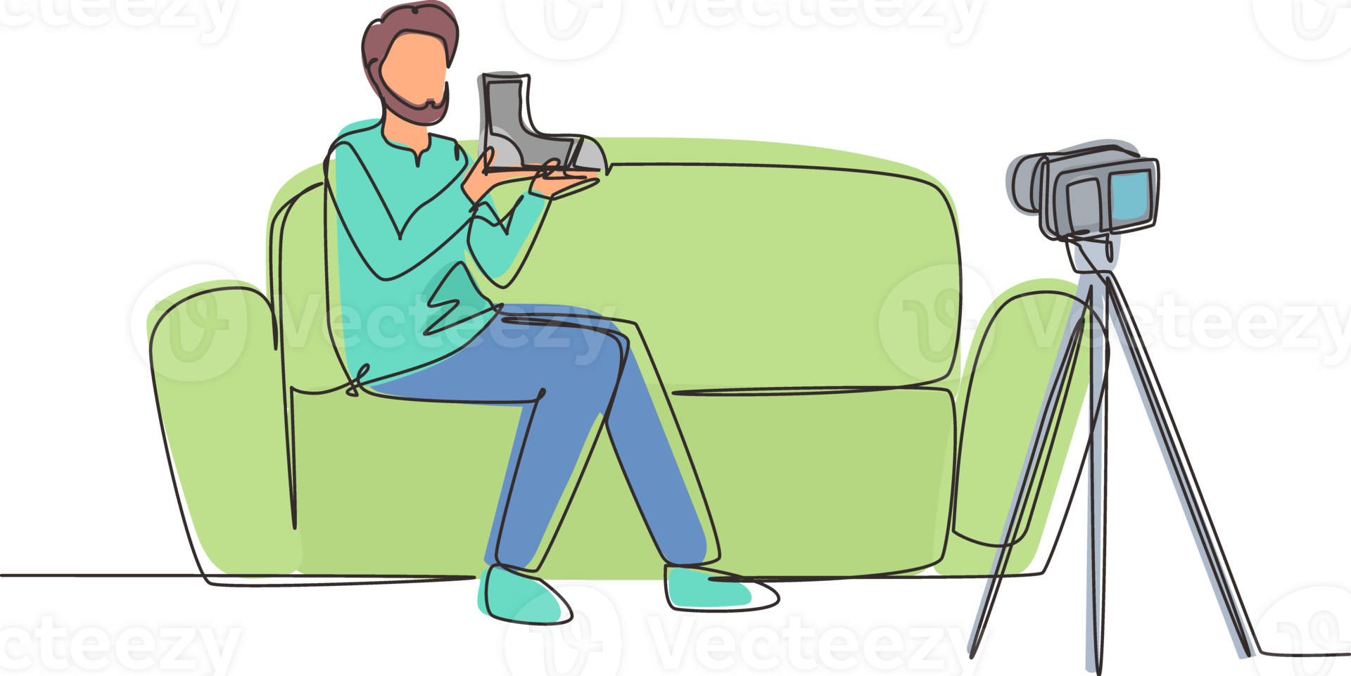 Single continuous line drawing social media influencer reviewing boots. Smiling young Arab man vlogging about men's sports shoe and filming himself at home on video camera. One line draw design png
