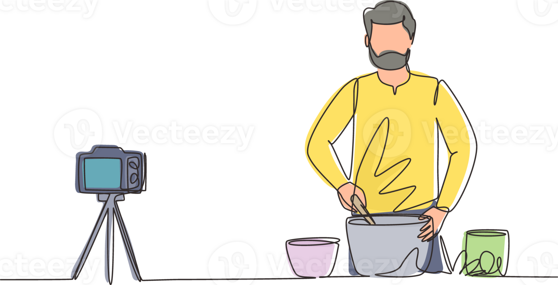 Single continuous line drawing vegetarian food blogger, Arabian man stir and cook vegetable salad. Online culinary course tutorials, foods preparation vlog. One line draw design illustration png