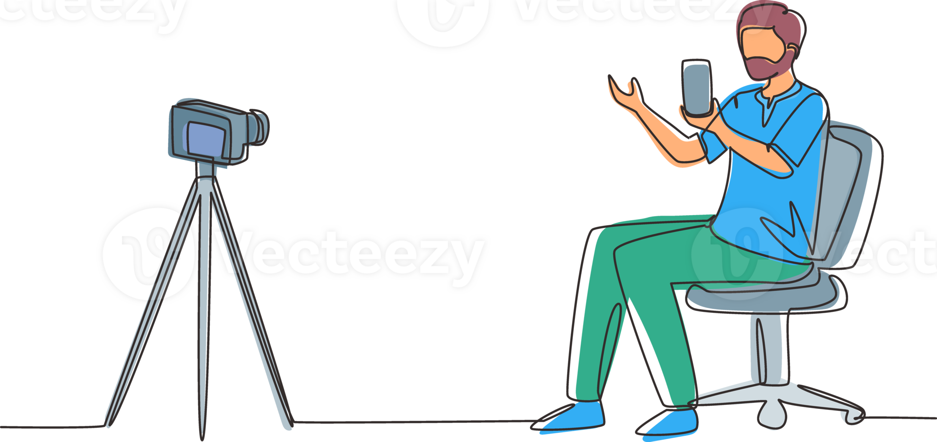 Continuous one line drawing Arab blogger review new smartphone on dslr camera. Live stream broadcast channel. Man holding mobile phone for review product. Single line draw design illustration png
