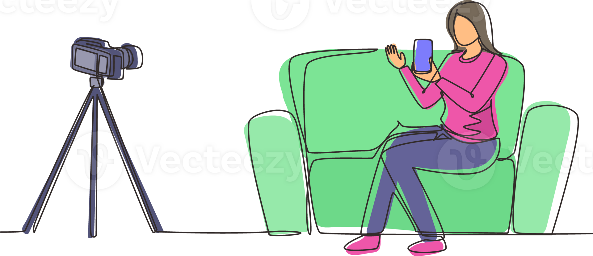 Single one line drawing female influencer filming video review smartphone on dslr camera at home. Blogger advertising tech product, streaming live. Continuous line draw design illustration png