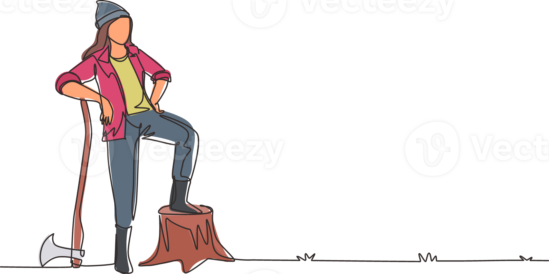 Continuous one line drawing beautiful woman lumberjack wearing workwear and beanie hat, standing with axe and posing with one foot on a tree stump. Single line draw design graphic illustration png