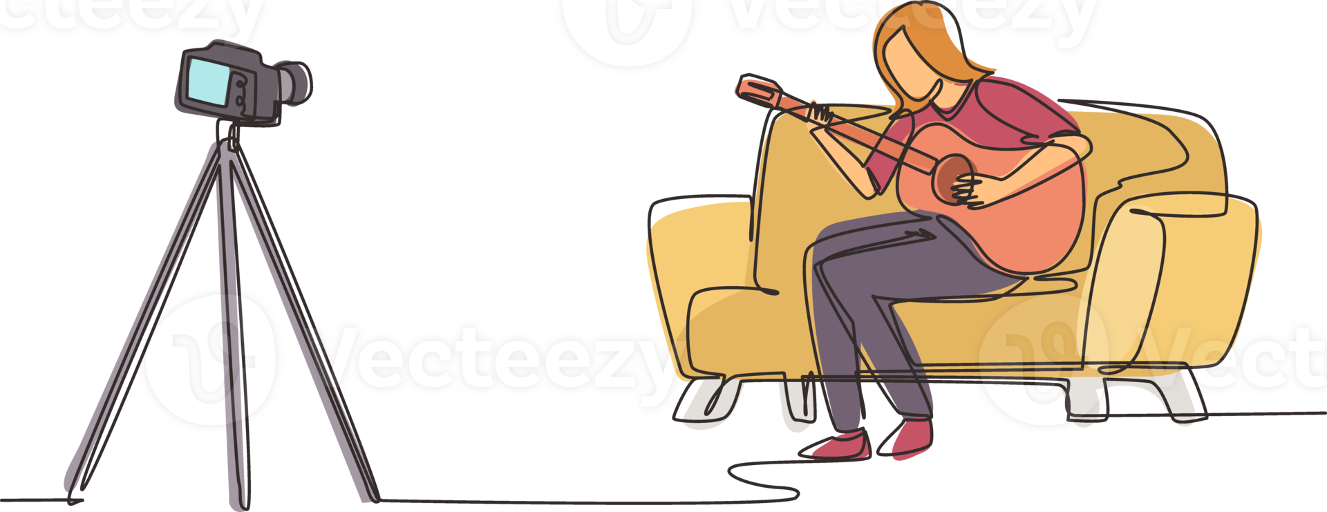 Single kontinuierlich Linie Zeichnung Frau Blogger Aufzeichnung und Leben Dampf spielen Gitarre auf Sozial Medien. Konzept von Gitarrist online Lektion während bleibe beim heim. einer Linie zeichnen Design Illustration png