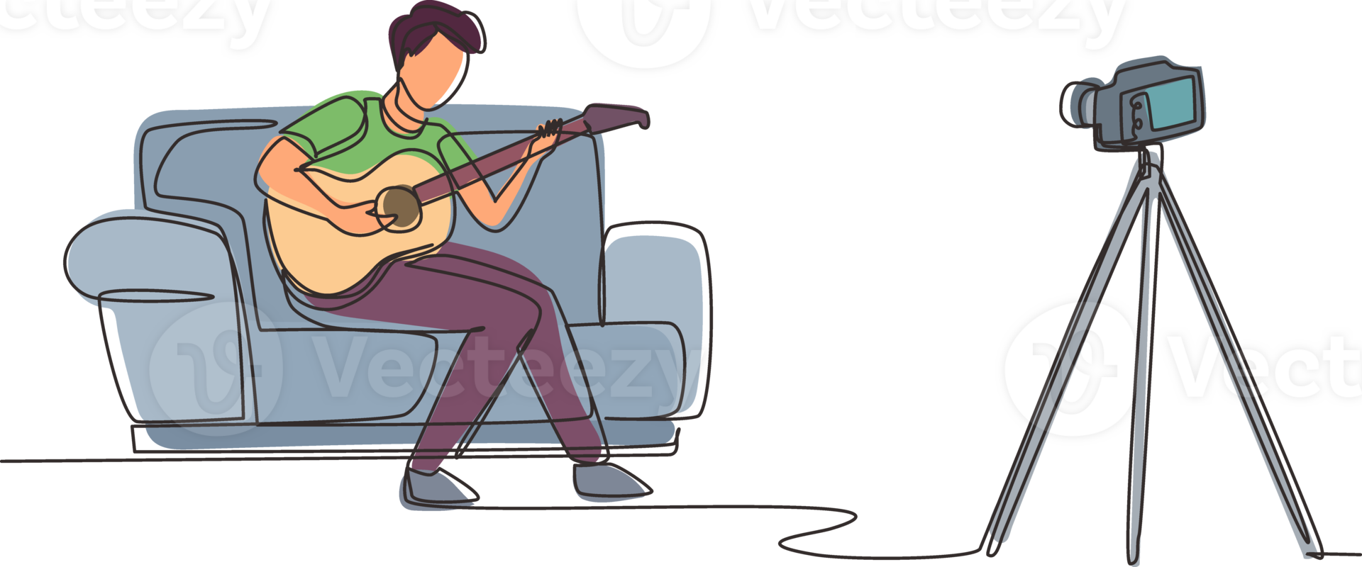 Single continuous line drawing man recording video clip of his playing guitar by camera on tripod. Male vlogger influencer performing music for show to streaming digital. One line draw design png