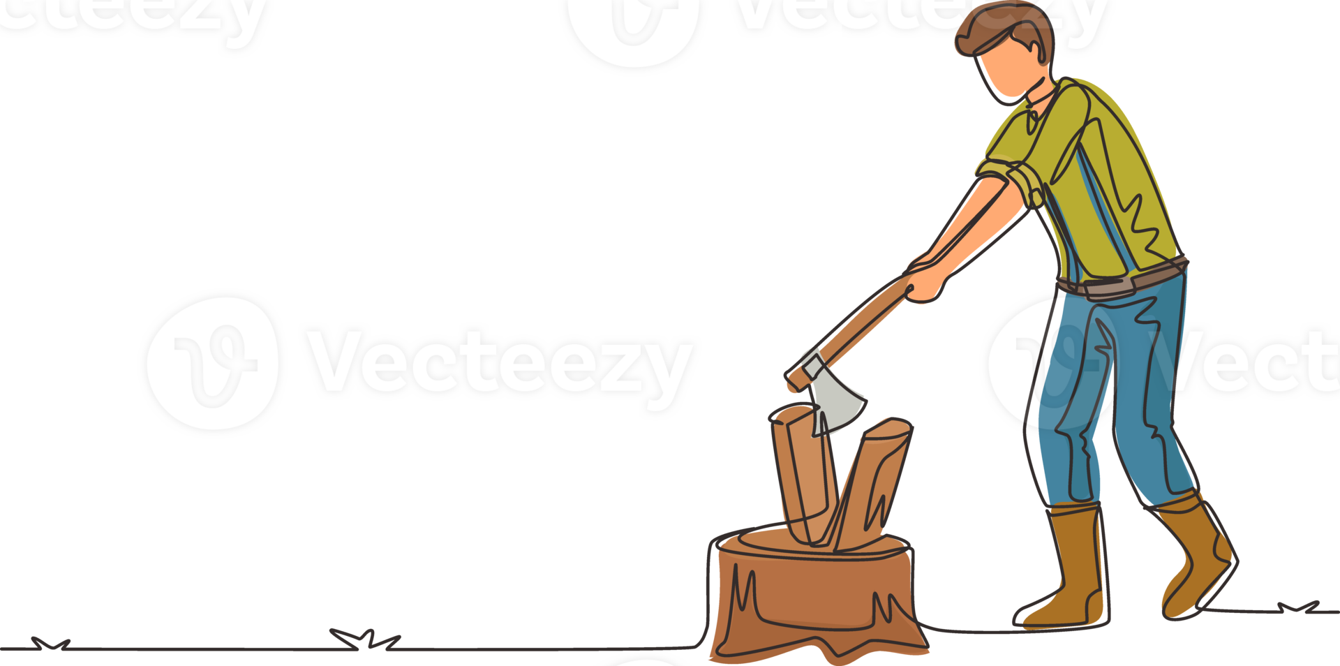 Continuous one line drawing woodman or lumberman in checkered shirt and sling pants chopping wood with ax on tree stump. Man with ax in his hands cuts tree. Single line draw design illustration png