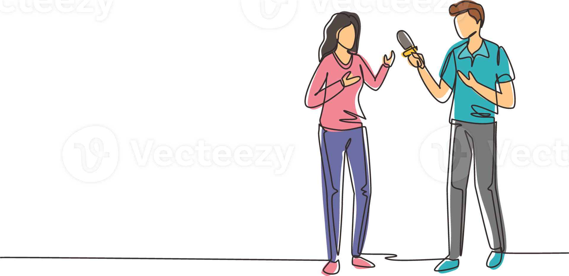 Single one line drawing male tv reporter interviewing questions. Man holding an interview with woman, professional journalist in conversation. Continuous line draw design graphic illustration png