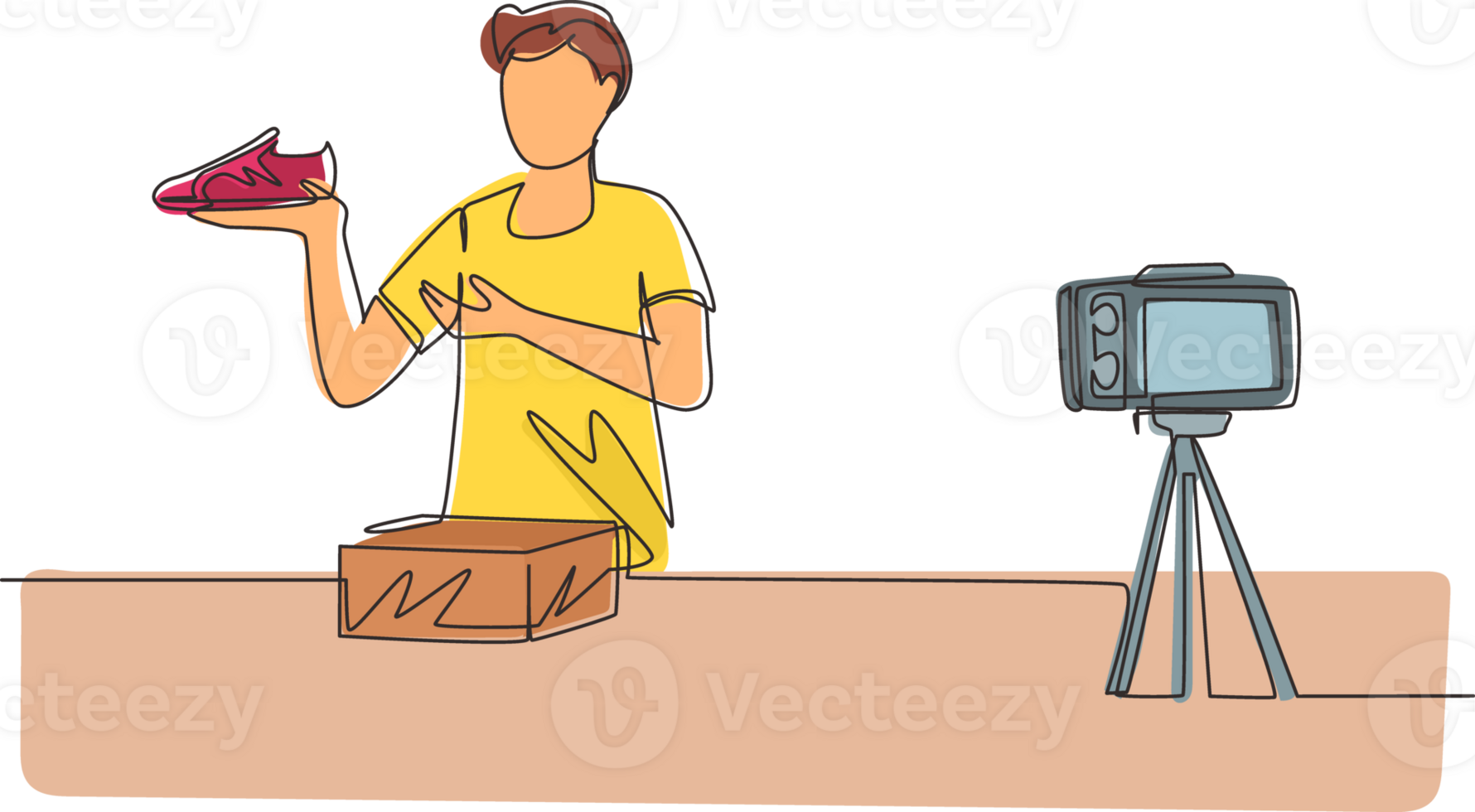 Single one line drawing male blogger makes video review on camera on topic of sneakers. Online shopping, social media and influencer concept. Continuous line draw design graphic illustration png