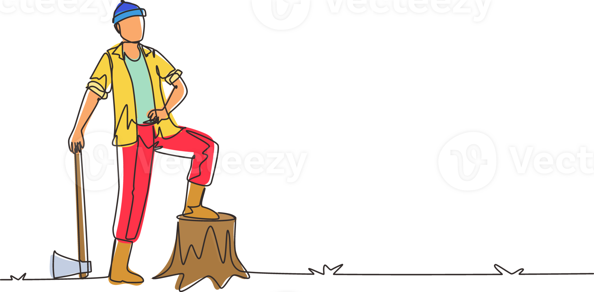Single continuous line drawing lumberjack wearing plaid shirt, jeans, boots and beanie hat. Standing with ax and posing with one foot on a tree stump. One line draw graphic design illustration png
