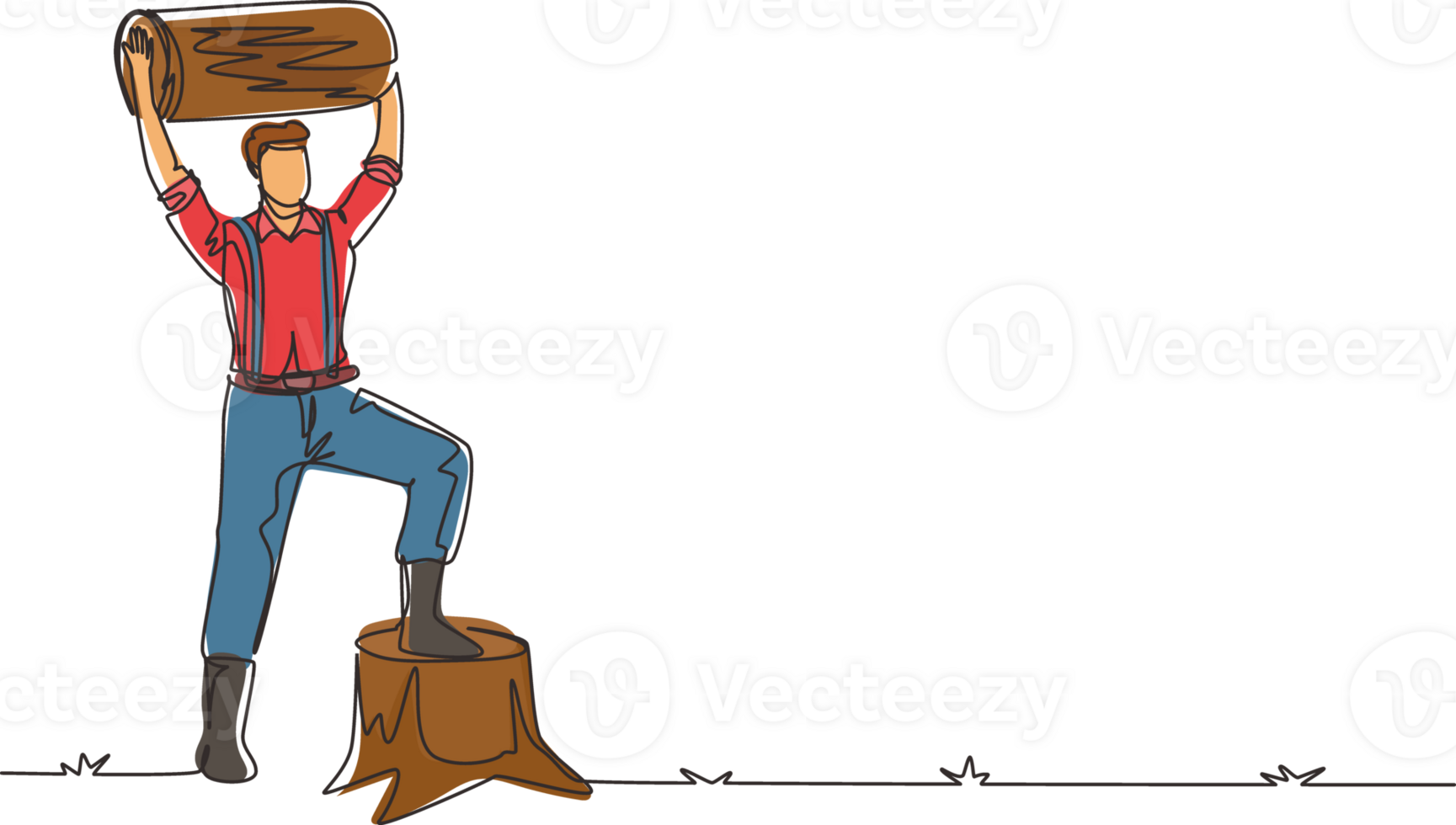 Single one line drawing smiling lumberjack man holding downed log. Wearing suspender shirt, jeans and boots, posing with one foot on tree stump. Continuous line draw design graphic illustration png