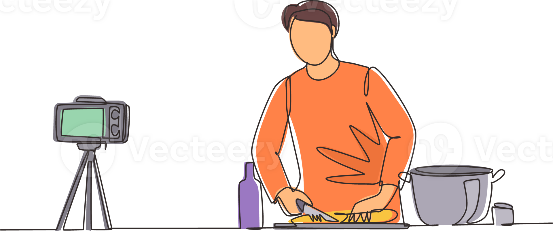 Single one line drawing chef in uniform standing in kitchen and cutting onion while filming himself for blog. On kitchen counter are vegetables, spices. Continuous line draw design illustration png