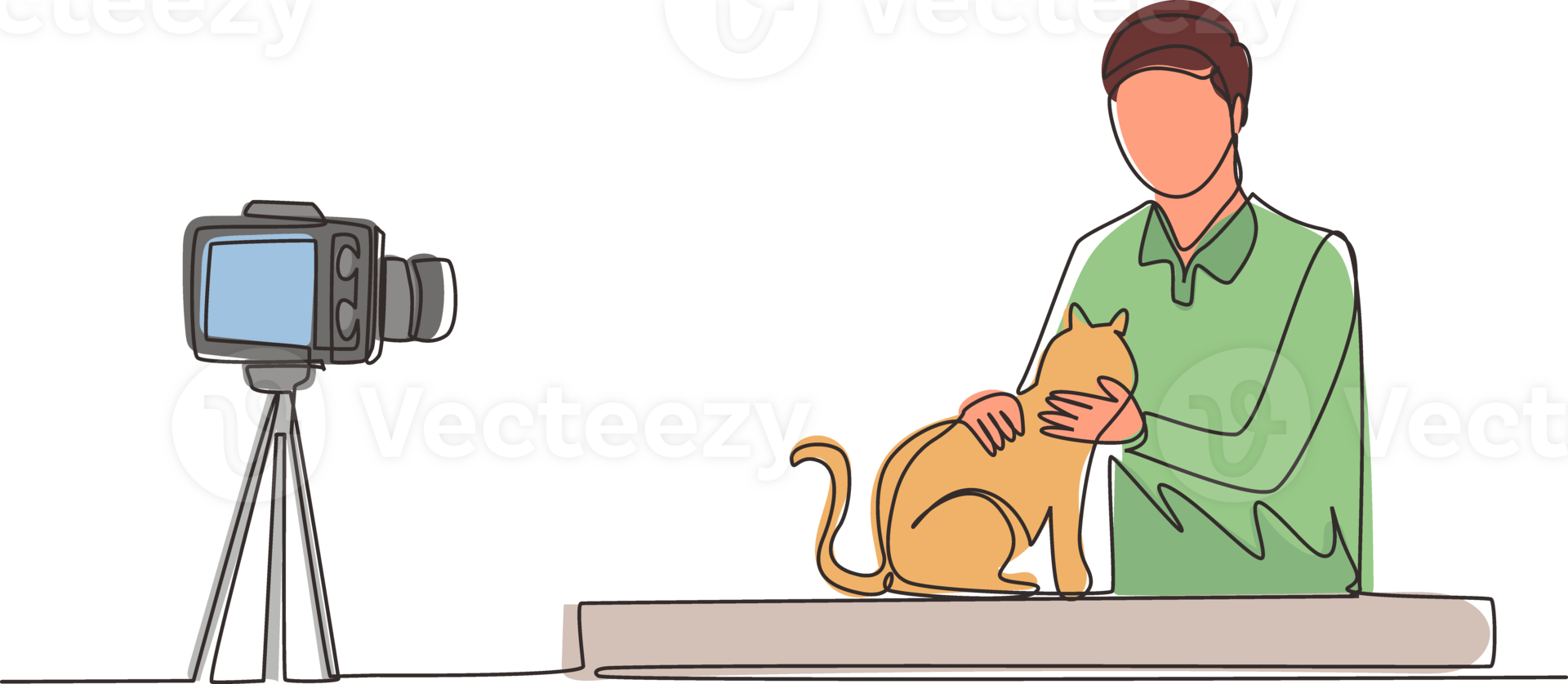 Single one line drawing teenage pet blogger. Teen boy with cat recording video on camera. Hobbies and leisure, blogging about pet, animal lover. Continuous line draw design graphic illustration png