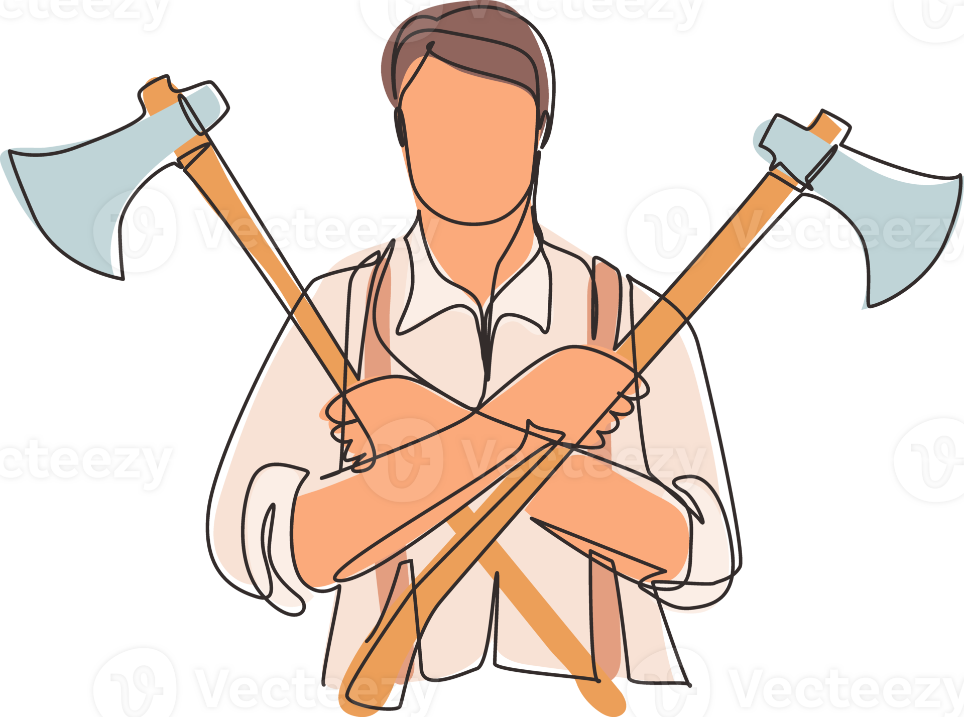 Single continuous line drawing lumberjack holding two axes crossed. Crossed axes, crossed