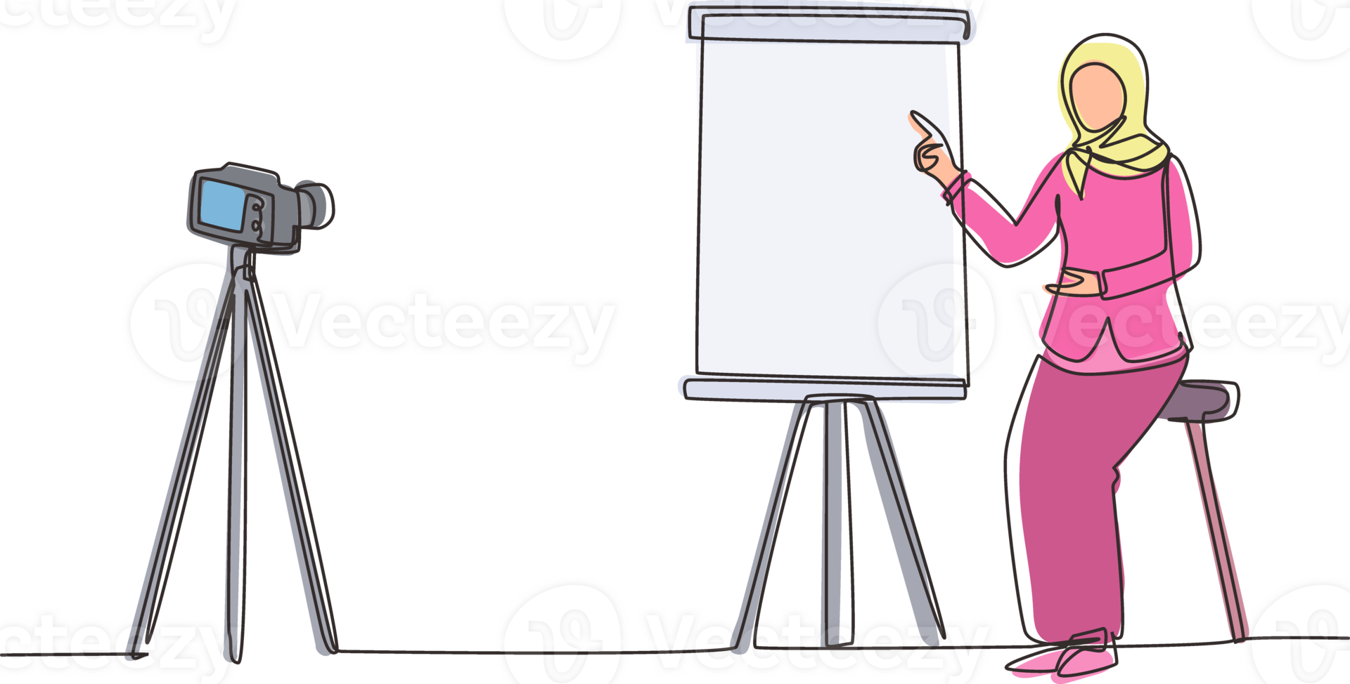 Single continuous line drawing Arabian woman giving presentation to camera doing webinar. Blogging, online training and conferences concept. Camera on tripod. One line draw design illustration png