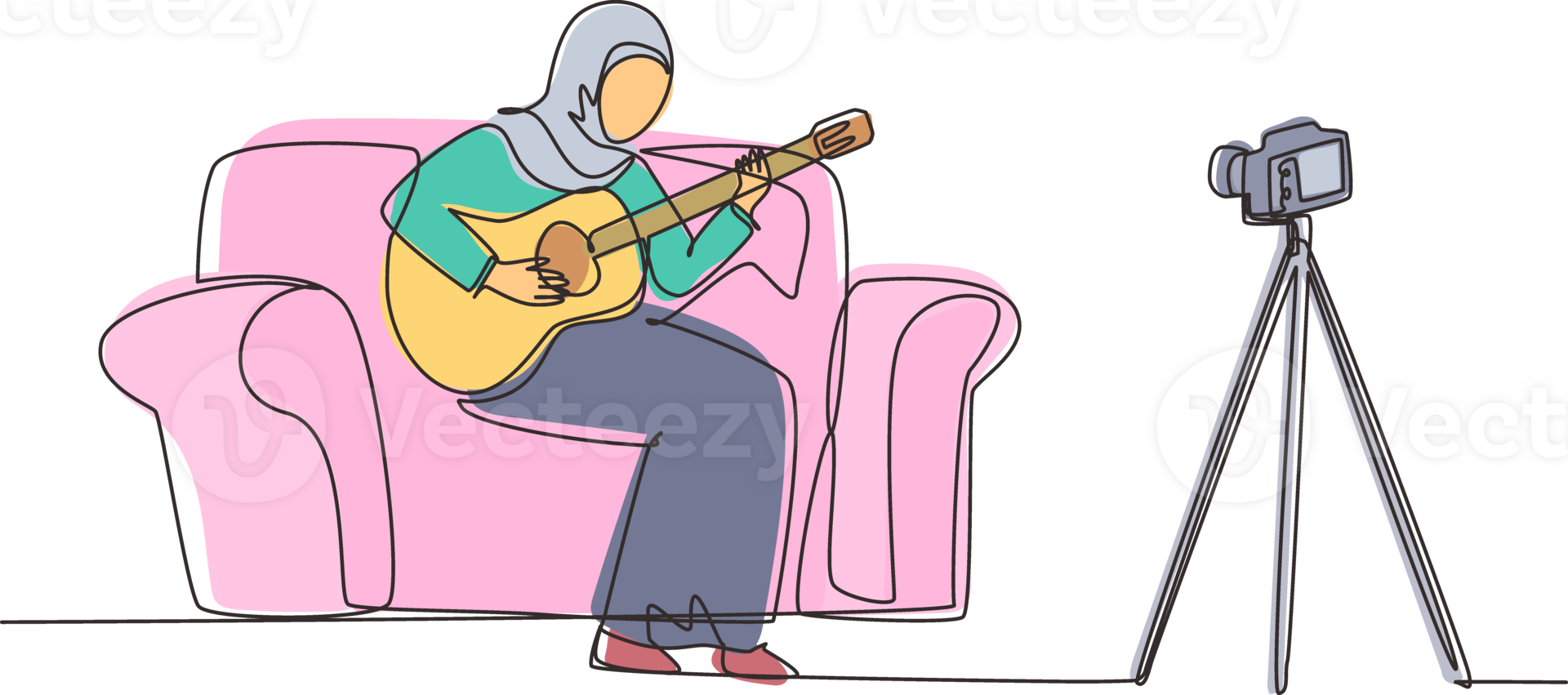 Continuous one line drawing Arab woman blogger recording, live steam playing guitar on social media. Concept of guitarist online lesson while stay at home. Single line draw design illustration png