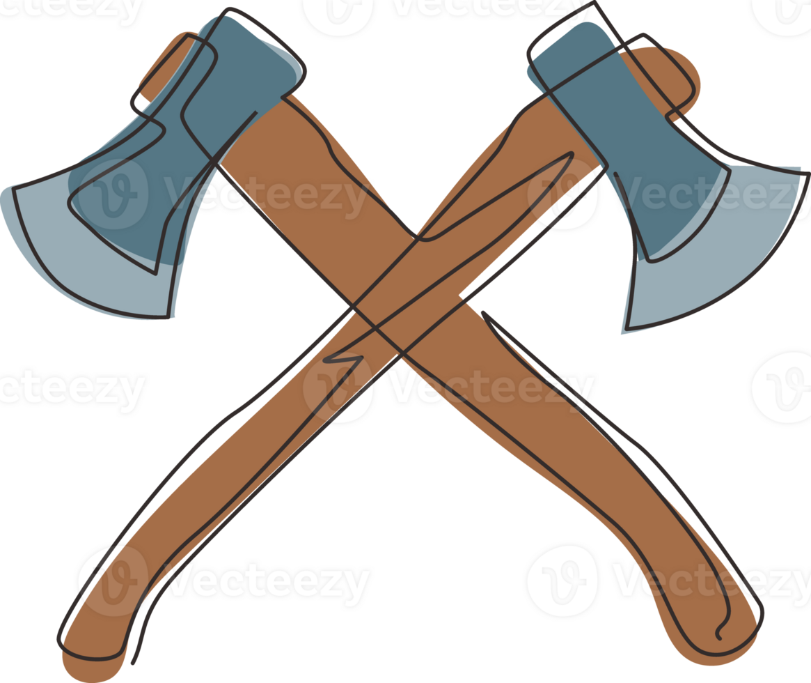 Continuous one line drawing lumberjack axes crossed icon. Crossed axes, crossed firefighter axe, fire service fireman axe, Hatchet in format. Single line draw design graphic illustration png