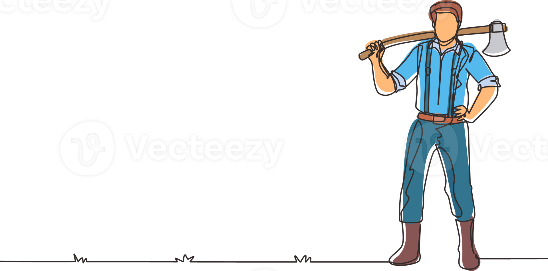 Single one line drawing lumberjack pose on the logging forest. Lumberjack with axe and downed log, standing wearing shirt, jeans and boots. Continuous line draw design graphic illustration png