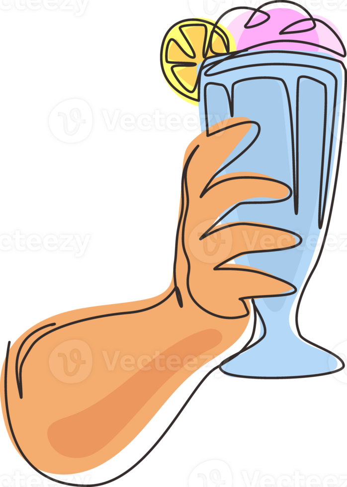 Single one line drawing hand holds glass milkshake with whipped cream. Cold soft drink for summer. Sweet beverage. Tasty and yummy fast food. Continuous line draw design graphic illustration png