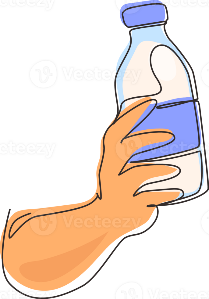Single continuous line drawing hand holding fresh milk on bottle glass packaging healthy drink product. Fresh milk for health food nutrition. Dynamic one line draw graphic design illustration png