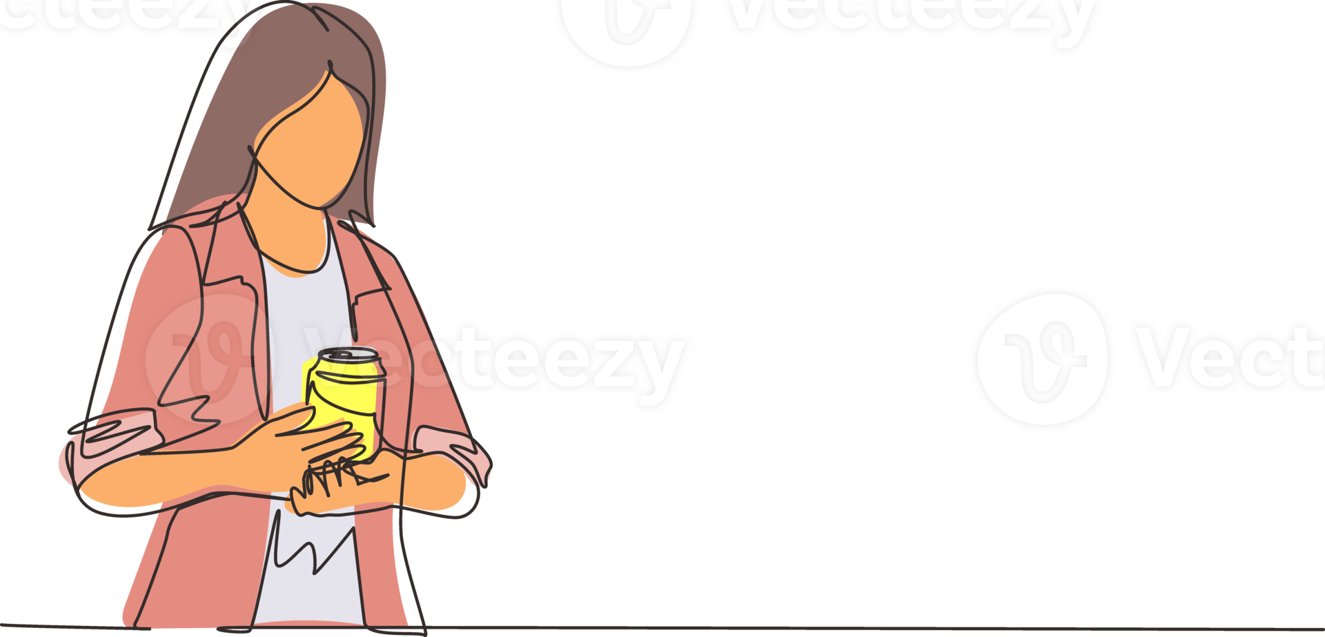 Continuous one line drawing cute young business woman attractive presenting a can of soft drink. Soda refreshment from a can. Single line draw design graphic illustration png
