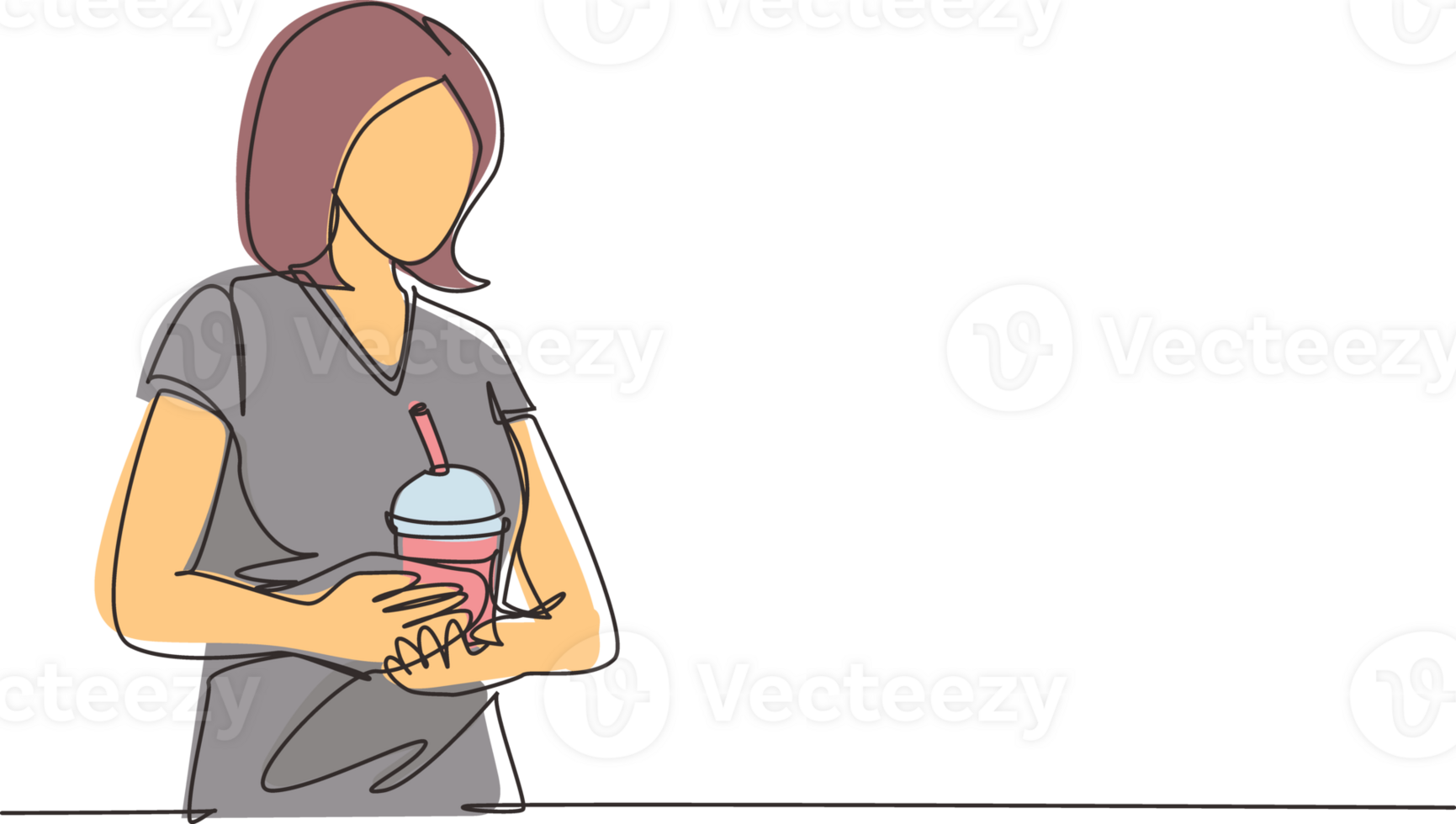 Continuous one line drawing young happy woman is drinking a plastic cup of bubble milk tea. Female enjoy bubble milk tea with street food in night market. Single line draw design illustration png