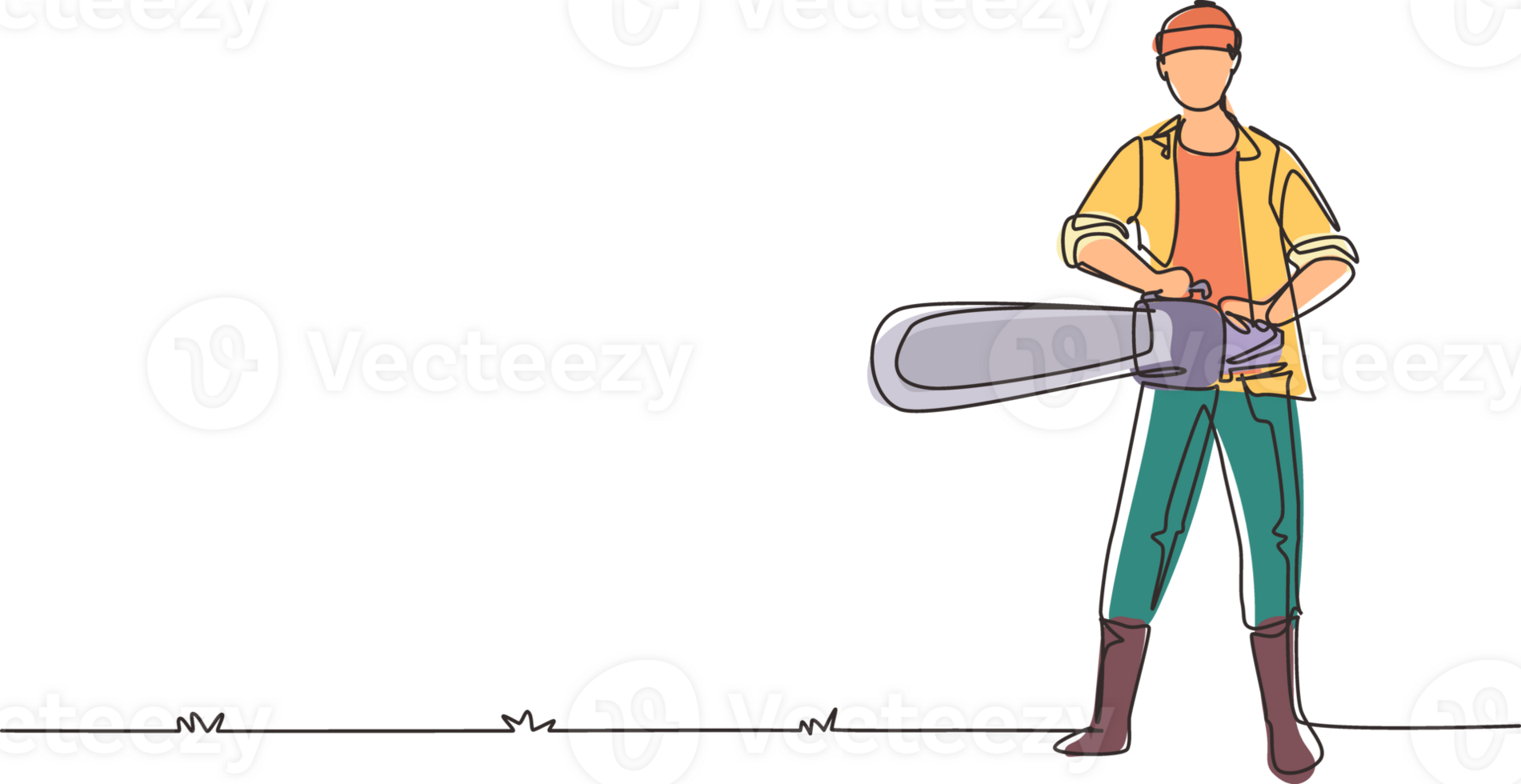 Continuous one line drawing worker using the chainsaw. Wearing suspender shirt, jeans and boots. Professional lumberjack pose cutting tree by chainsaw. Single line draw design illustration png