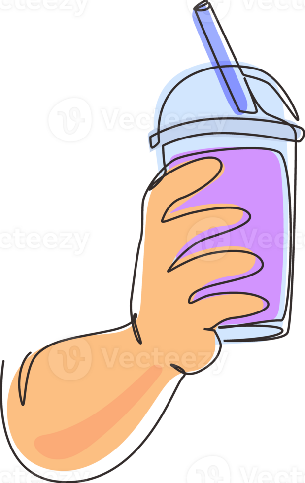 Continuous one line drawing hand holding plastic cup of famous Taiwanese bubble tea. Brown sugar flavor tapioca pearl bubble milk tea with glass straw. Single line draw design illustration png