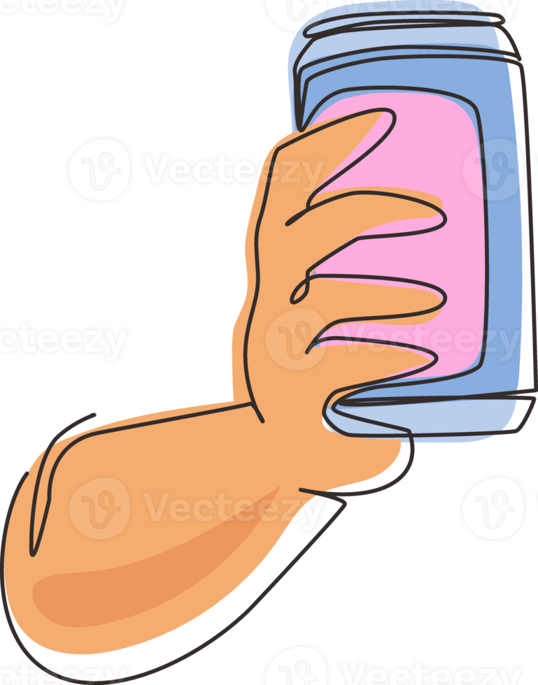 Single continuous line drawing hand holding a aluminum can drink without labels. Beverages in metal containers. Refreshing drink for teenager. Dynamic one line draw graphic design illustration png