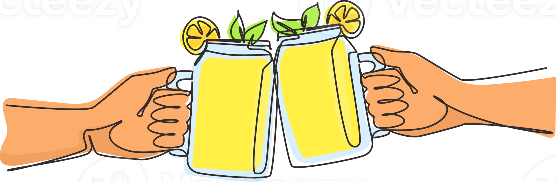 single doorlopend lijn tekening detailopname van twee handen Holding een limonade cocktails in glas potten en roosteren. vriendelijk hangen uit in stad park. zomer vakantie en picknick. een lijn trek ontwerp png