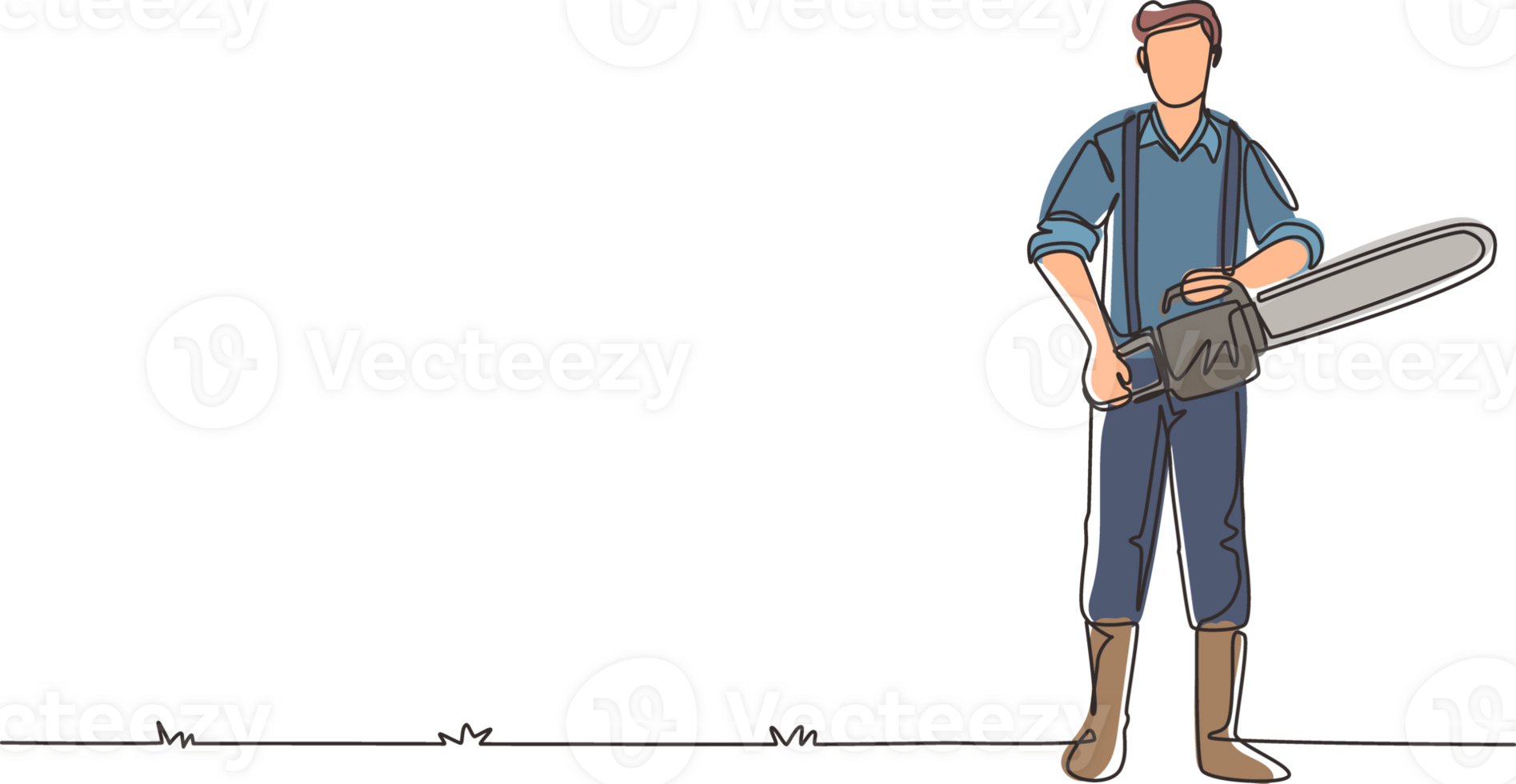 Single continuous line drawing lumberjack with workwear and chainsaw. Wearing shirt, jeans and boots. Lumberjack pose on the logging forest. Dynamic one line draw graphic design illustration png