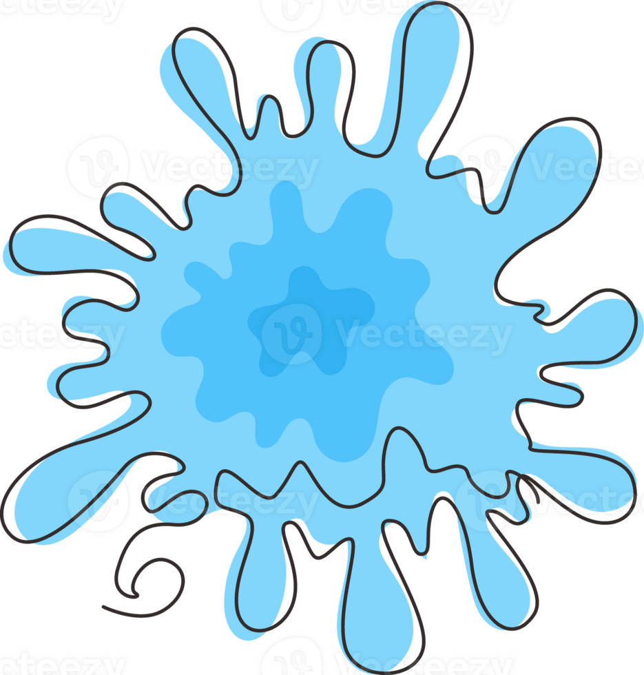 Continuous one line drawing water drips, flowing. Blob and splash, blot liquid. Blue paint drop. Abstract stain shape. Graphic element for banner, sticker. Single line draw design illustration png