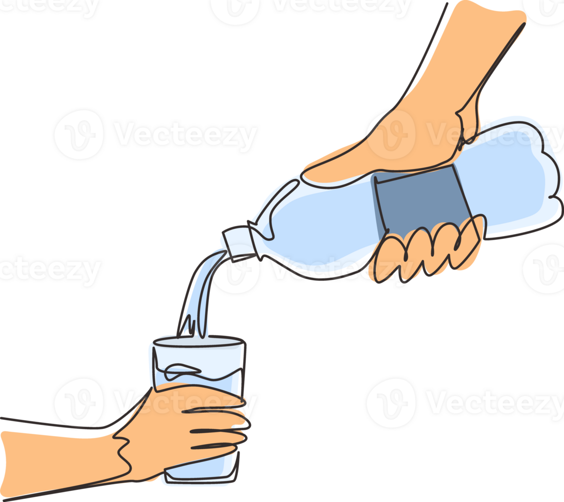 Single one line drawing hand holding plastic bottle of water, pouring water into glass. Cool mineral natural drink. Glass and bottle holding in hand. Continuous line draw design illustration png