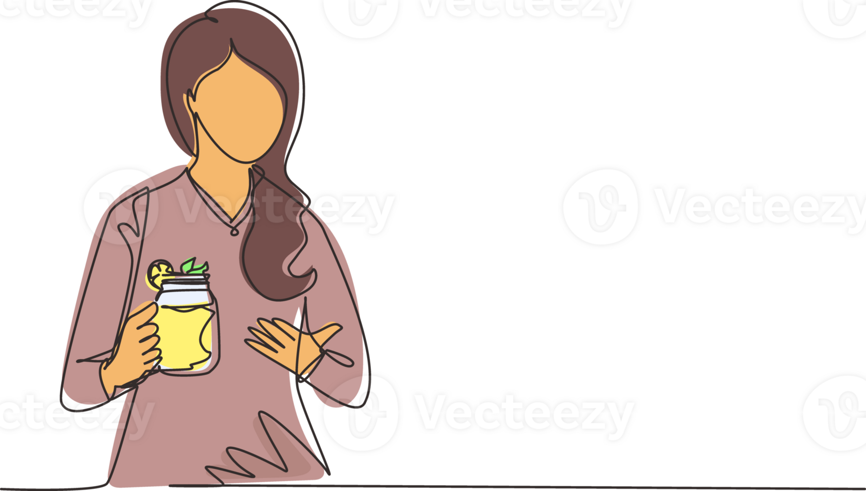 Continuous one line drawing pretty woman holds and show mug of lemonade with ice in hand. Young girl wearing shirt having morning breakfast with orange juice. Single line draw design graphic png