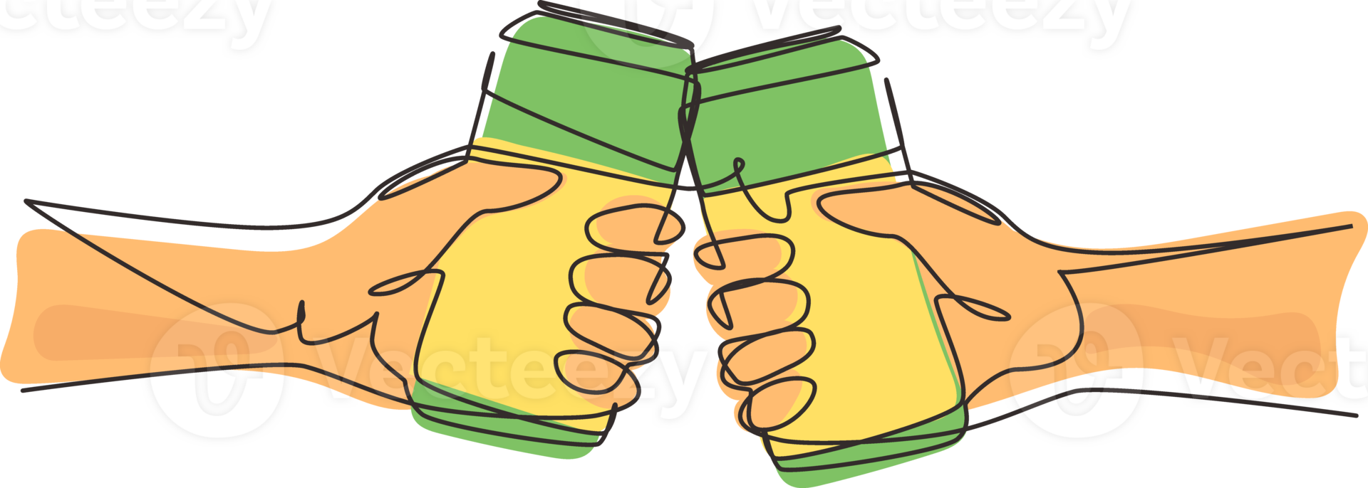 Single continuous line drawing couple is toasting with aluminum can and drink soda. Close-up cropped view of two human hands holding can and toast. One line draw graphic design illustration png