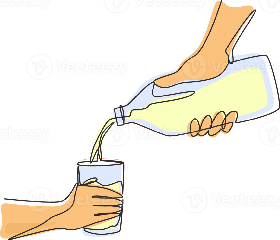 Continuous one line drawing woman's hand pours fresh milk from glass bottle into glass. The concept of healthy dairy products with calcium. Morning routine. Single line draw design illustration png