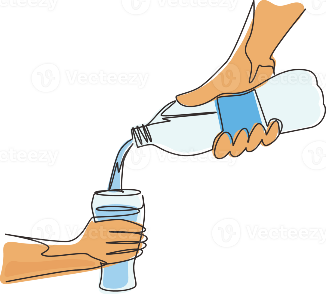 Continuous one line drawing human is picking up glass of water from plastic bottle. Cool mineral natural drink. Glass and bottle holding in hand. Single line draw design graphic illustration png