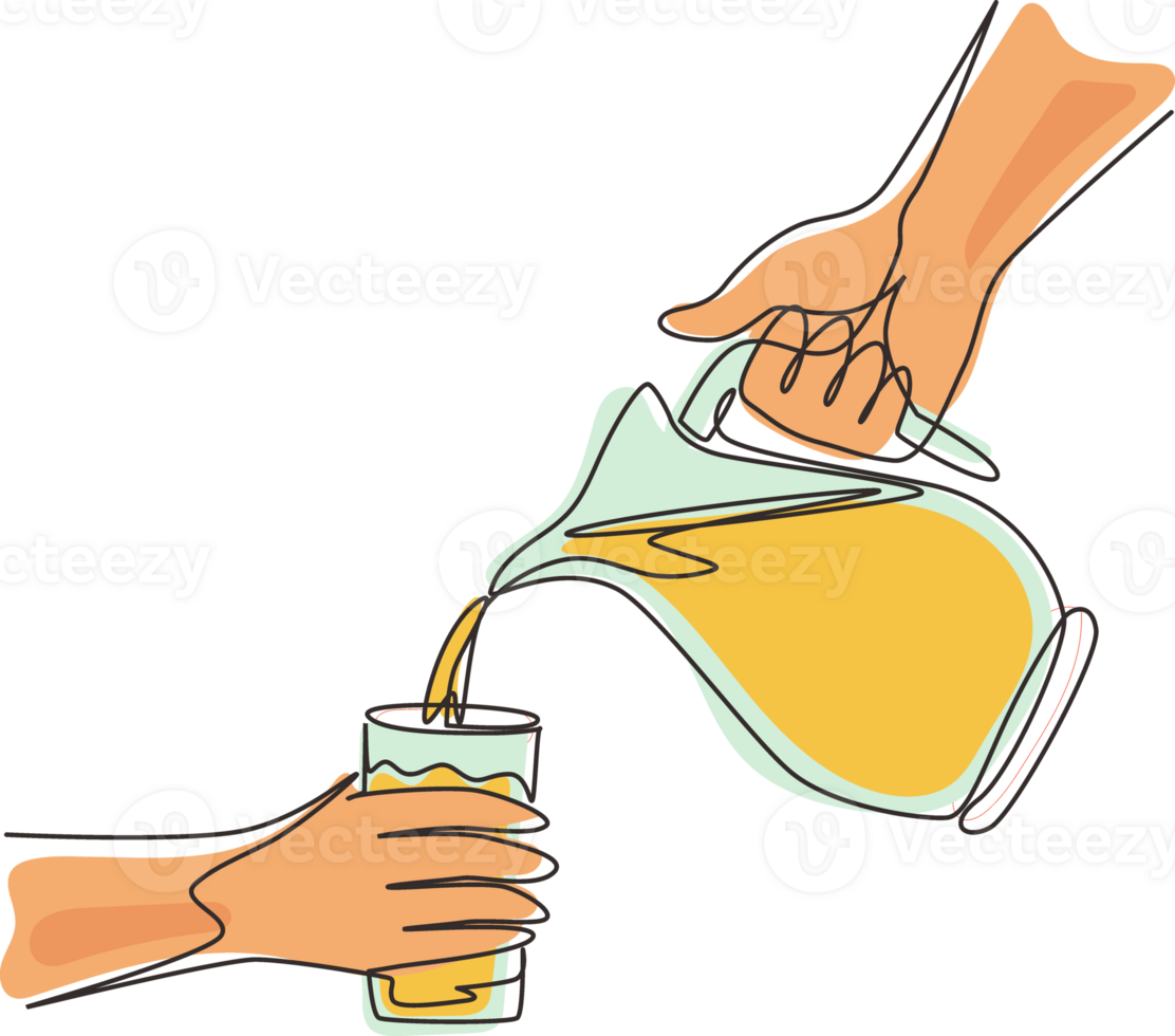 Continuous one line drawing hand pouring orange juice from jug with ice into glass. Splashing and pouring fresh orange juice in glass from pitcher. Single line draw design graphic illustration png