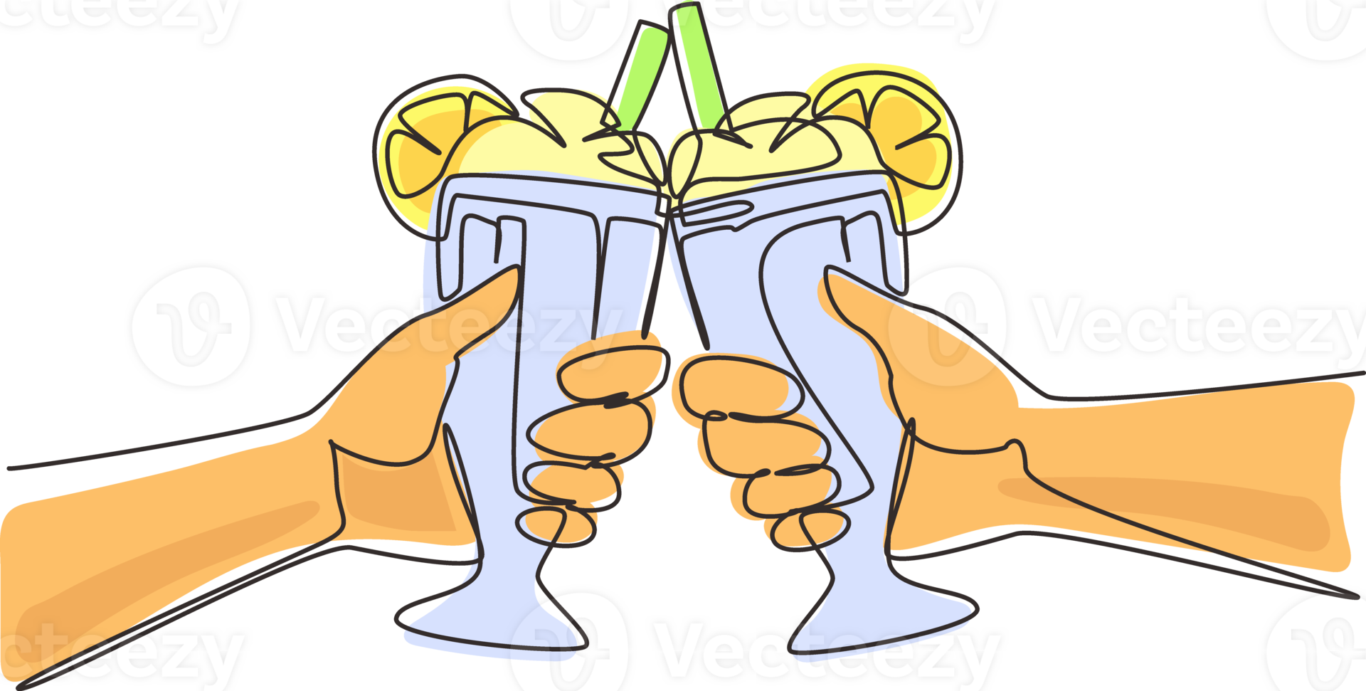 Single one line drawing close-up cropped view of people clinking with glasses of milkshake. Couple is toasting with glass and drink milkshake. Continuous line draw design graphic illustration png
