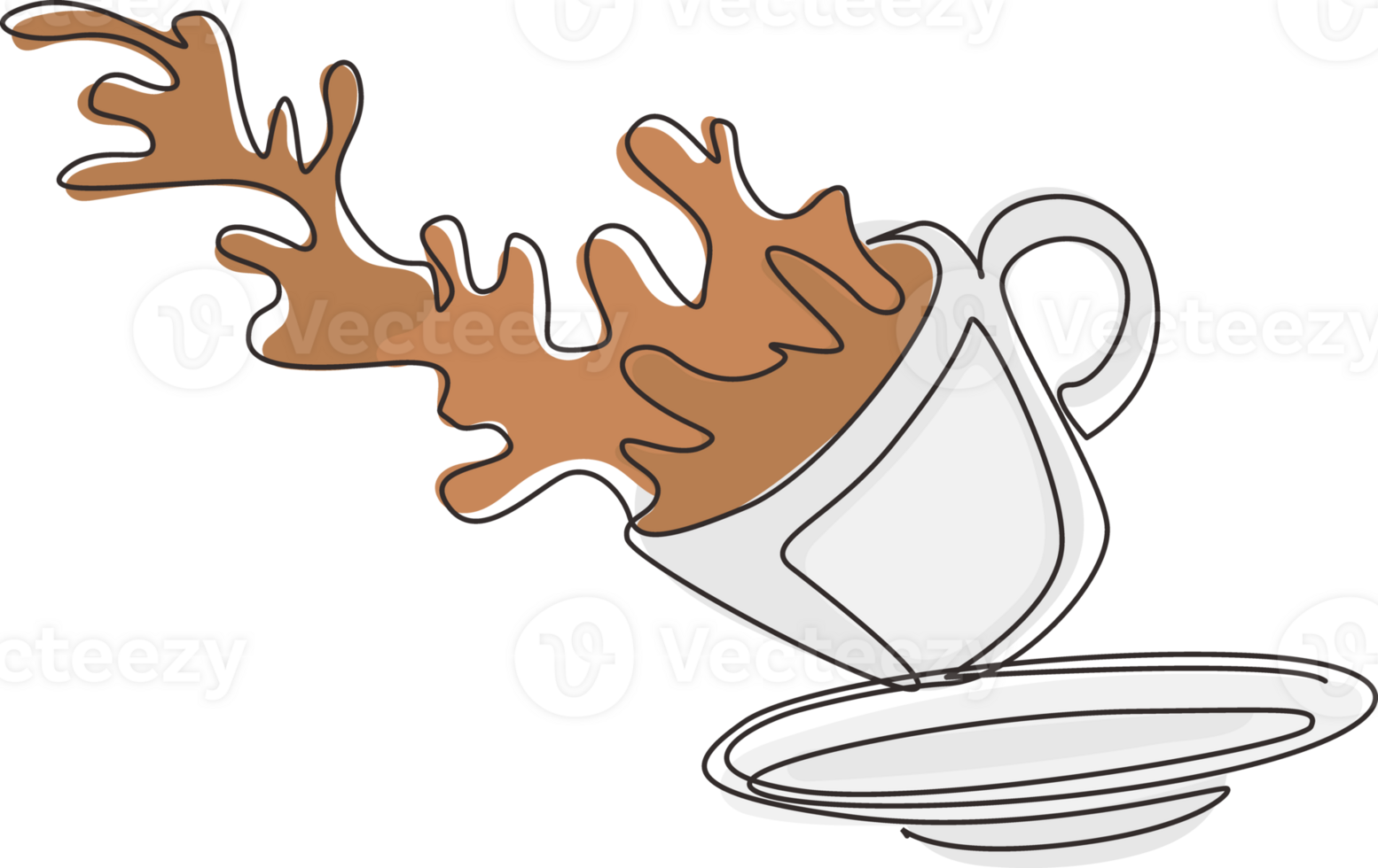 Single continuous line drawing coffee splashing out of cup. Cup of tea with tea and splashes. Splash of tea in the falling cup. Splash coffee in white cup. Dynamic one line draw graphic design png