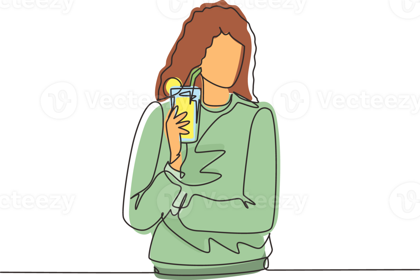Single continuous line drawing happy woman drinking summer refreshing fruit flavored infused water with fresh organic lemon, lime, mint at glass. One line draw graphic design illustration png