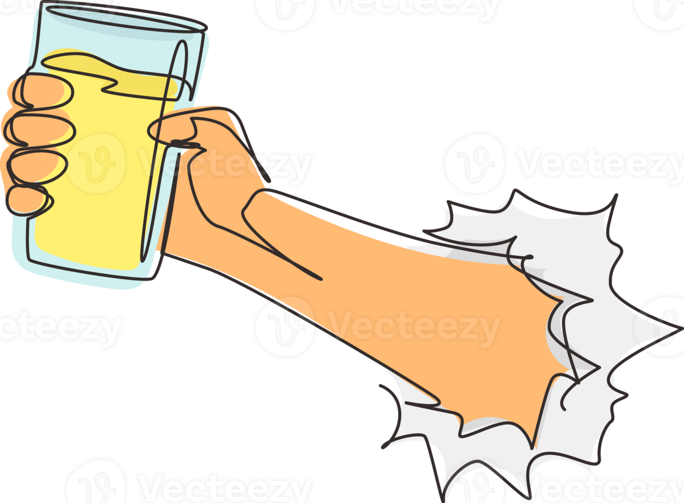 Continuous one line drawing hand holding glass with lemonade fruit juice through torn white paper. Drink made of fresh lemon juice. Juicy orange water. Relaxing time. Single line draw design png