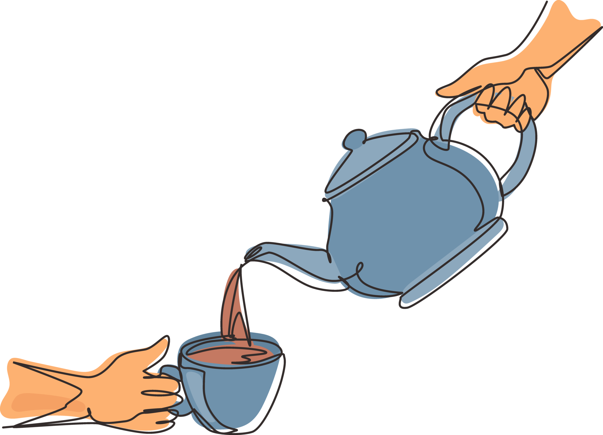Single one line drawing teapot pouring tea into cup. Woman pouring organic tea into ceramic cup