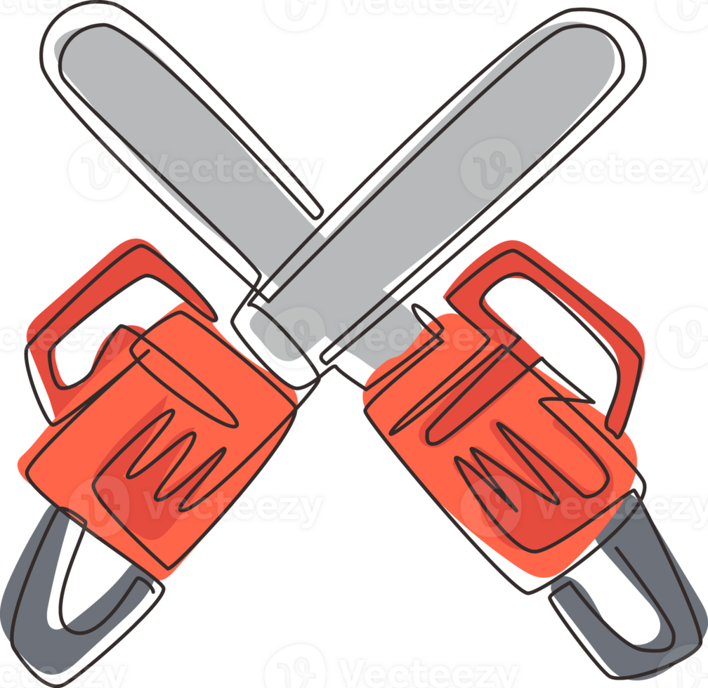 Continuous one line drawing crossed chainsaws isolated on white background. Tool woodcutter symbol. Two crossed chainsaws for lumberjack icon. Single line draw design graphic illustration png