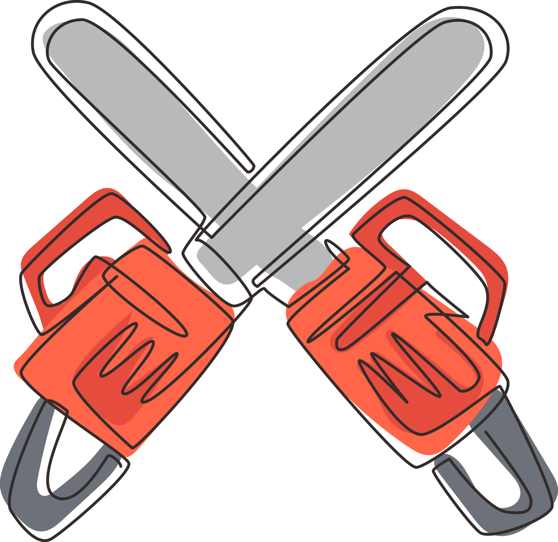 Continuous one line drawing crossed chainsaws isolated on white