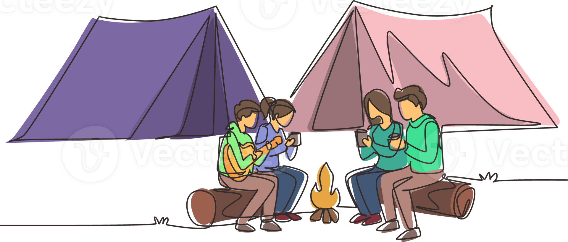 Continuous one line drawing two pair man and woman getting warm near bonfire. Group of people camping drinking tea sitting on logs and man playing guitar. Single line draw design illustration png