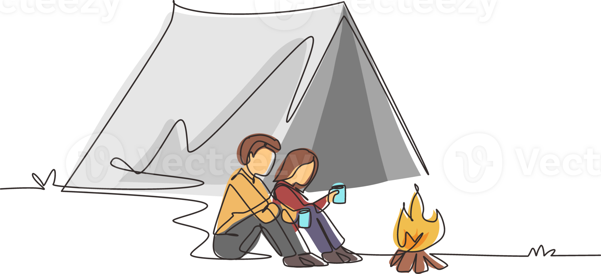 Single continuous line drawing couple sitting on ground near bonfire, active romantic date out of town, camping. Man woman drink hot tea getting warm near campfire. One line draw graphic design png