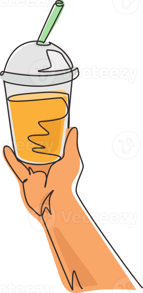 Single one line drawing hand holding plastic cup of famous Taiwanese bubble tea. Take away glass with sticker of pearl milk tea. Street Asian drinks at night market. Continuous line draw design png