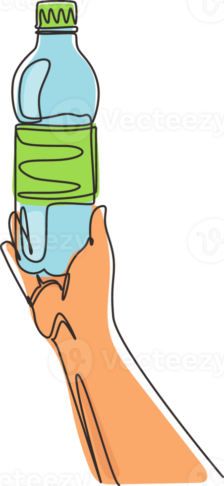 Single continuous line drawing man squeezes in his hand an empty plastic bottle on white background. Plastic problem and failure or disposal and recycling. One line draw design illustration png
